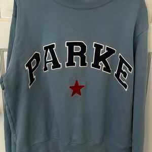 PARKE heritage coastal mockneck sweater light blue with heart.